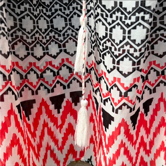 Sheer Boho Coral & Black/Gray Blouse Tassels 3/4” Bell Sleeves, Aztec - Picture 7 of 10